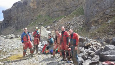 The team in the quarry, outside the entrance to Ogof Tarddiad Rhymney