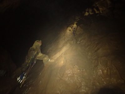 Tom at the start of the traverse to the ledge